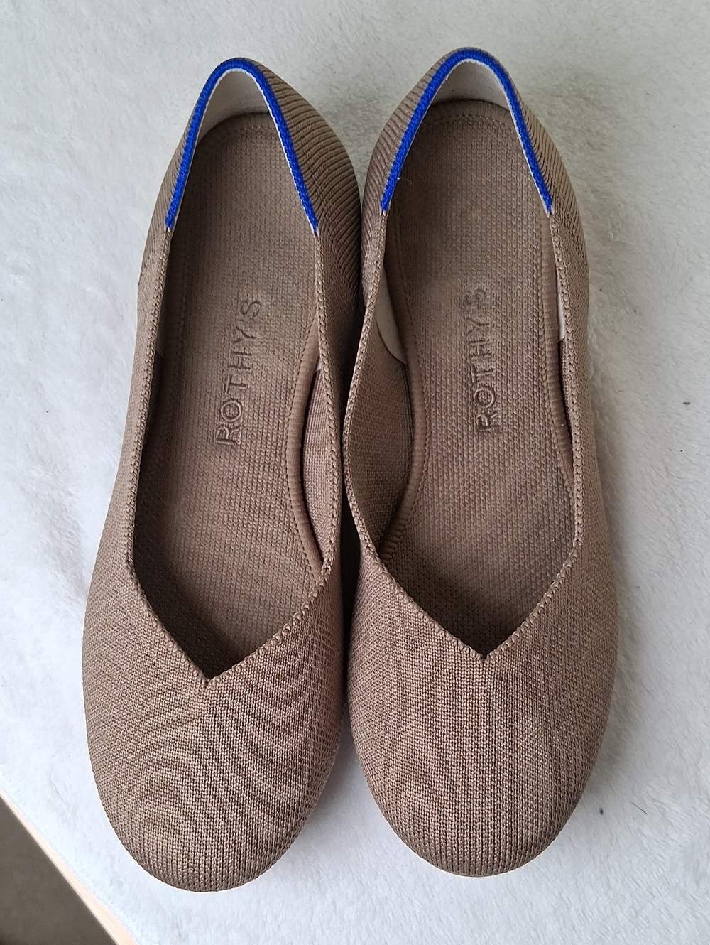 Rothy's Taupe Ballet Flats with Bright Blue Trim